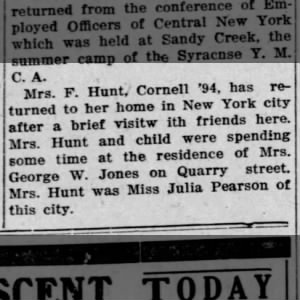 Julia Pearson Hunt visiting Carolyn Jones Ithaca Daily News 30 Sep 1919